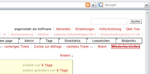 »Restore Form« button of a patched version of DataSaverPlugin in German Trac 0.12 test environment