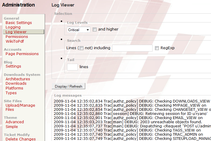 LogViewer Web Admin panel screen capture