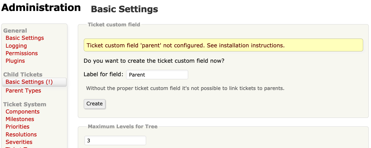 Screenshot of admin page for creating ticket custom field ''parent''