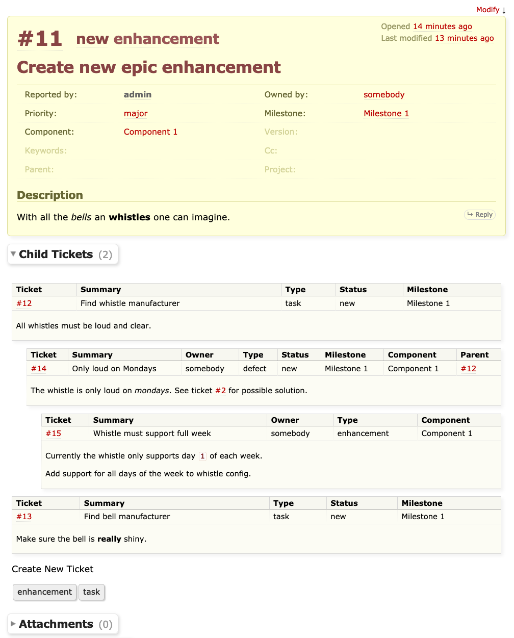 Screenshot of child ticket tree on ticket page.