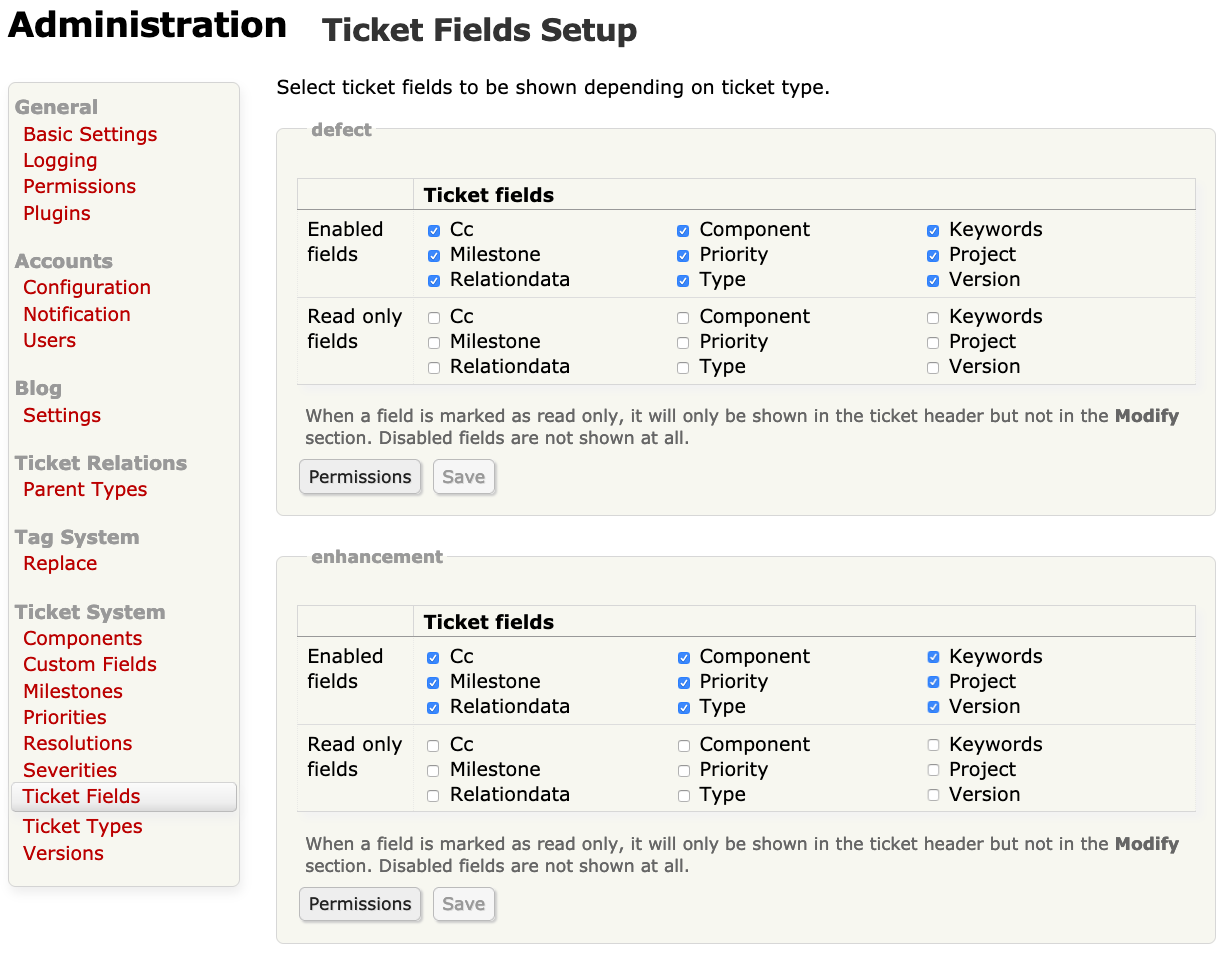 Screenshot of ticket field administration page