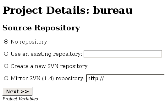 second screen of TTW project creation, showing repository options