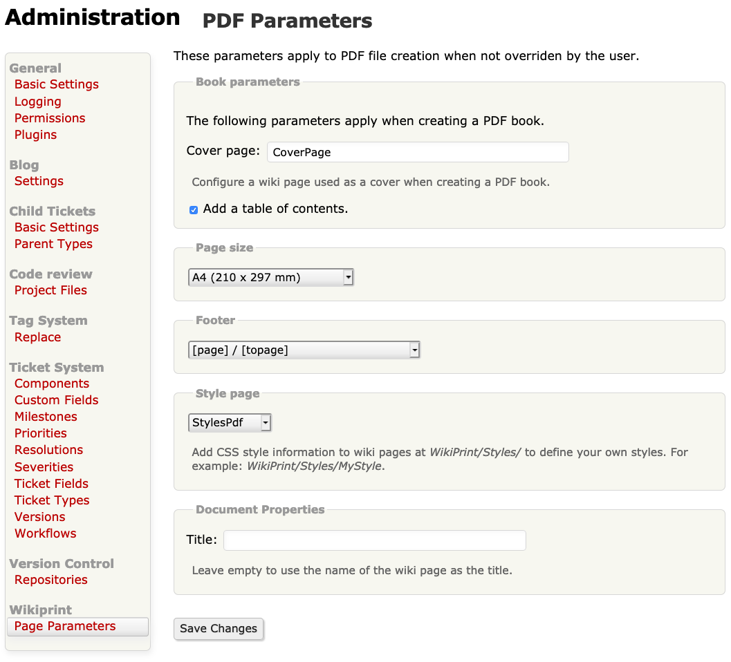 Screenshot of administration page for PDF parameters.